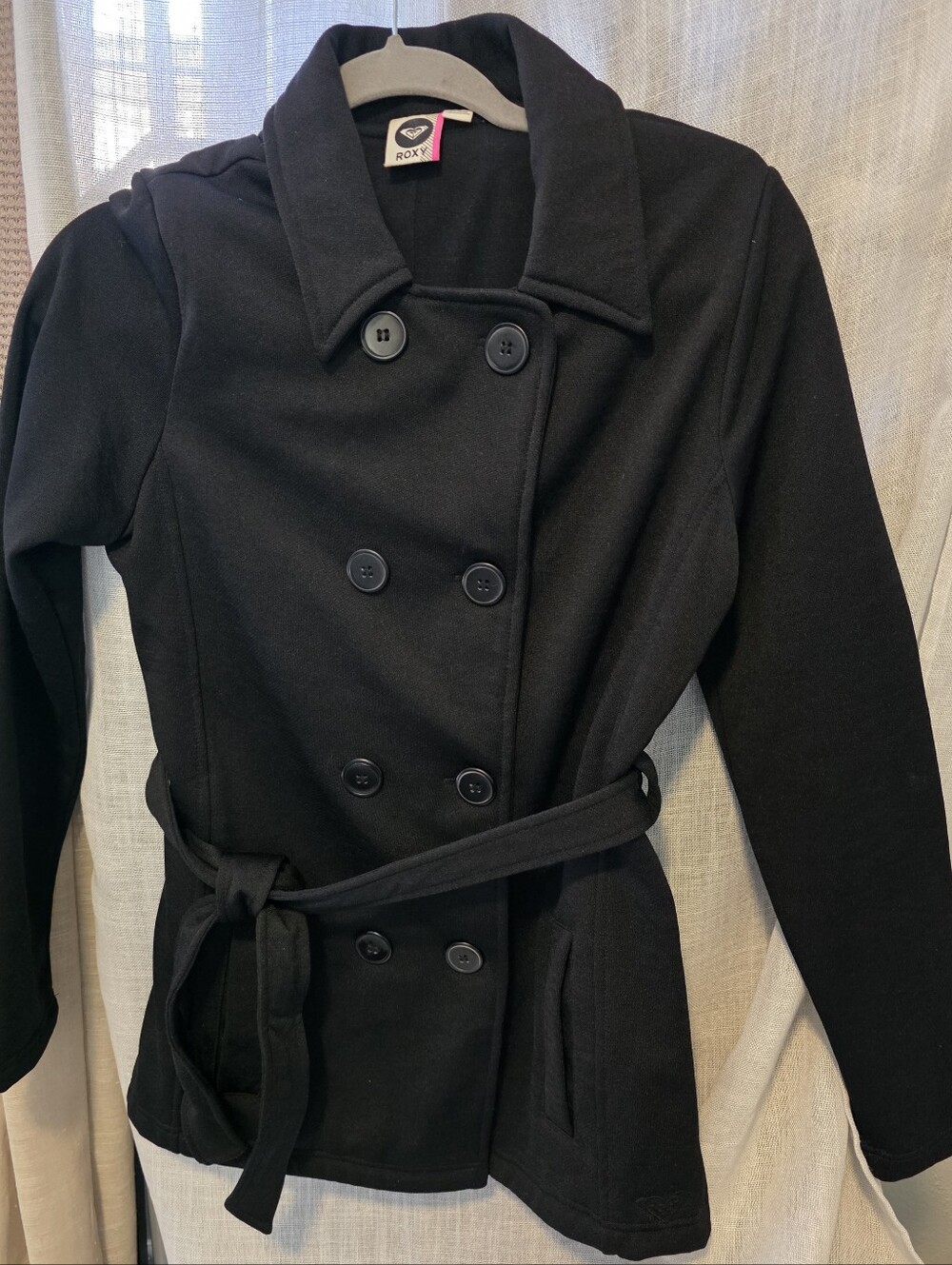 Roxy Women's Black Double-Breasted Pea Coat with Belt